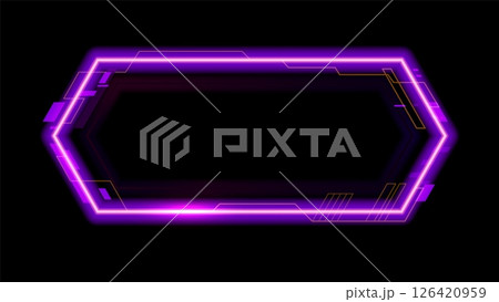 Purple neon game frame asset, HUD interface overlay template for gaming, streaming or high tech visual. 3d vector futuristic glowing cyberpunk hexagonal border, digital scifi callout title, call box 126420959