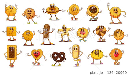 Funny groovy cookie and bakery characters, vector pastry food. Cartoon retro hippie chocolate chips, sugar and butter biscuits. Groovy crackers, pretzel, gingerbread, sandwich and blossom cookies 126420960