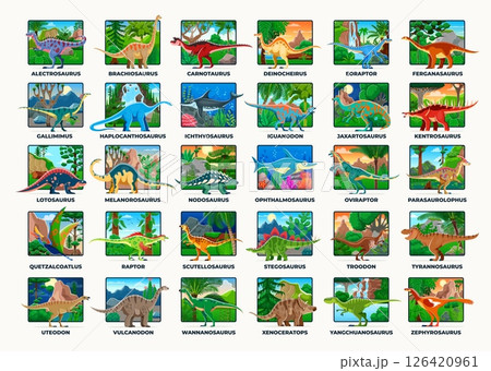 Prehistoric dinosaurs and Jurassic giant lizards with reptiles in infographics, vector chart. Cartoon funny dinosaurs and species names of giant lizards and underwater reptiles for kids encyclopedia Prehistoric dinosaurs and Jurassic giant lizards with reptiles in infographics, vector chart. Cartoon funny dinosaurs and species names of giant lizards and underwater reptiles for kids encyclopedia 126420961