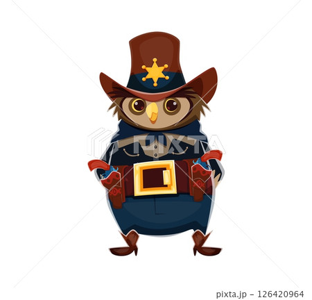 Cartoon owl bird wild west animal cowboy, sheriff, and ranger character dressed in a brown cowboy hat with star badge, vest and belt with holsters. Vector western confident owlet police personage 126420964