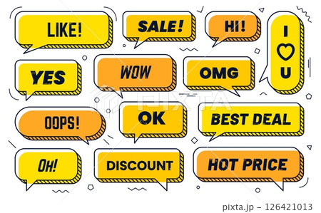 Memphis speech bubbles vector set. Dialog chat clouds, comic promo shapes in yellow and orange with phrases like wow, discount, like, best deal and hot price, ok, yes, omg for shopping or marketing Memphis speech bubbles vector set. Dialog chat clouds, comic promo shapes in yellow and orange with phrases like wow, discount, like, best deal and hot price, ok, yes, omg for shopping or marketing 126421013