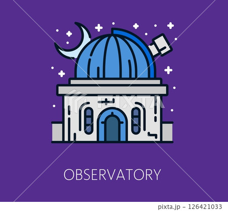 Space galaxy research observatory color thin line icon. Cosmos research line icon, astronomy discovery outline vector sign. Galaxy outerspace exploration linear icon with observatory building 126421033