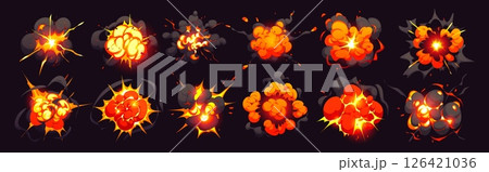 Bomb blast explosion effect, cartoon boom clouds, comic fire and smoke. Vector dynamite danger explosive detonation for comic books or video games. Fiery bursts, atomic war, fireballs attack or impact Bomb blast explosion effect, cartoon boom clouds, comic fire and smoke. Vector dynamite danger explosive detonation for comic books or video games. Fiery bursts, atomic war, fireballs attack or impact 126421036