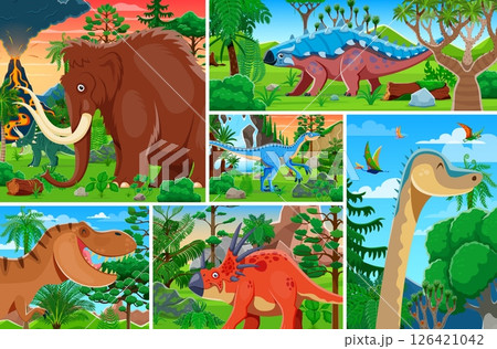 Cartoon dinosaur characters collage of prehistoric animals, reptiles and pterosaur at jungle landscape vector background. Cute mammoth, tyrannosaurus, styracosaurus and dimorphodon dinosaur characters 126421042