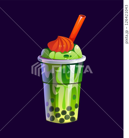 Cartoon bubble tea glass with green milk drink and black tapioca pearls. Vector beverage cup with whipped topping and red straw. Sweet Asian boba refreshing sweet drink in transparent disposable mugV 126421043
