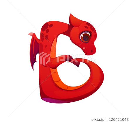 Fairy red dragon character font letter B. Red reptile English alphabet typeset element, fantasy animal cartoon vector type sign. Monster personage kids ABC letter or Asian dragon character font symbol 126421048