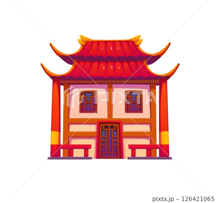 Cartoon Chinese building, traditional Asian china town house with a red curved tiled roof, ornate wooden windows and pillars. Vector architecture exudes cultural authenticity, heritage, and culture 126421065