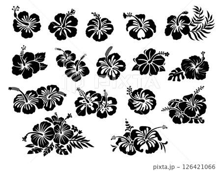 Hawaii tropical hibiscus flowers set, black stencil silhouette tattoo. Vector monochrome Hawaiian and Polynesian vegetation blooms, floral decals, isolated elements of culture, beauty and nature 126421066
