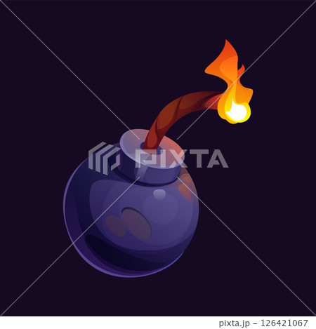 Cartoon bomb with a lit fuse and sparks indicating imminent detonation. Vector pirate game icon of danger weapon. Vintage medieval grenade with rope wick burning rapidly, promising powerful explosion Cartoon bomb with a lit fuse and sparks indicating imminent detonation. Vector pirate game icon of danger weapon. Vintage medieval grenade with rope wick burning rapidly, promising powerful explosion 126421067