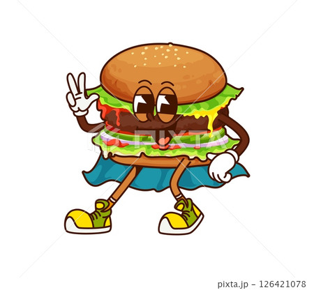 Cartoon groovy fast food burger character in superhero cape. Isolated vector retro tasty beefburger fastfood personage, flashing a peace sign with a wide smile, exudes cool funky 60s or 70s vibes Cartoon groovy fast food burger character in superhero cape. Isolated vector retro tasty beefburger fastfood personage, flashing a peace sign with a wide smile, exudes cool funky 60s or 70s vibes 126421078