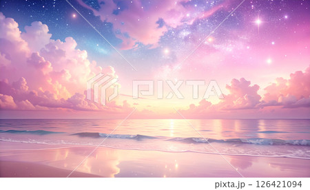海に反射する夕焼けと雲と波と空の風景画 126421094