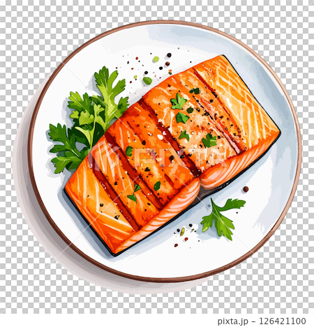 烤鮭魚水彩插畫AI生成 126421100