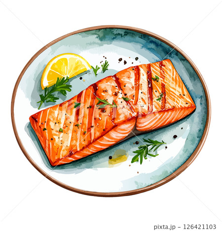 グリルサーモンの水彩風イラスト　生成AI 126421103