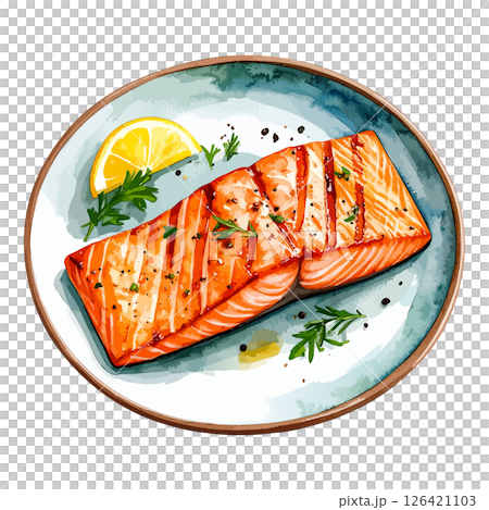 グリルサーモンの水彩風イラスト　生成AI 126421103