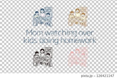 Mom watching over kids doing homework Mom watching over kids doing homework 126421147