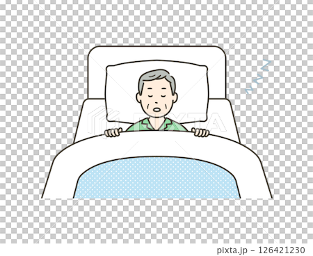 Illustration of an elderly man in pajamas sleeping soundly in bed 126421230