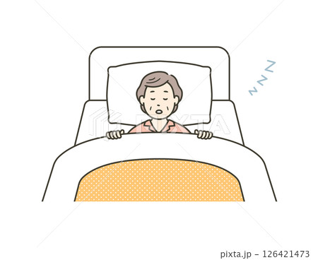 ベッドで熟睡するパジャマ姿の高齢女性のイラスト 126421473
