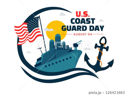 Coast Guard Day United States Vector Illustration on August 4, Featuring an American Waving Flag and a ship to Commemorate the National Holiday Coast Guard Day United States Vector Illustration on August 4, Featuring an American Waving Flag and a ship to Commemorate the National Holiday 126421663