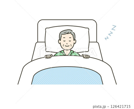 ベッドで笑顔で安眠するパジャマ姿の高齢男性のイラスト 126421715