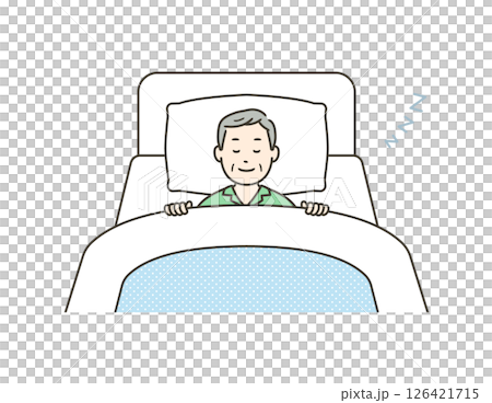 ベッドで笑顔で安眠するパジャマ姿の高齢男性のイラスト 126421715