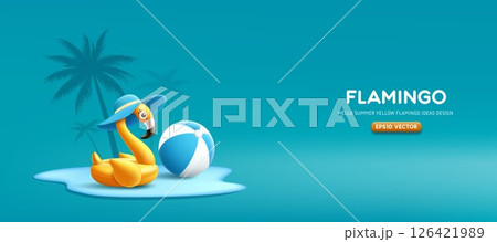 Summer Yellow flamingo wearing a blue hat, blue beach ball and coconut tree silhouette on banner Summer Yellow flamingo wearing a blue hat, blue beach ball and coconut tree silhouette on banner 126421989