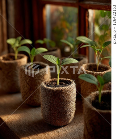 Seedlings Growing in Pots on Wooden Windowsill Seedlings Growing in Pots on Wooden Windowsill 126422153