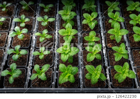 Rows of Young Mint Seedlings in a Greenhouse Tray 126422230
