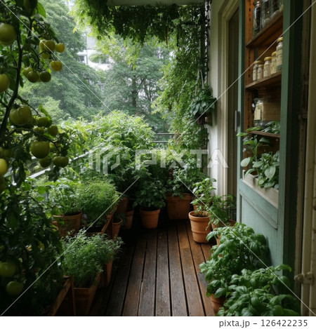 Lush Balcony Garden with Rain and Green Plants Lush Balcony Garden with Rain and Green Plants 126422235