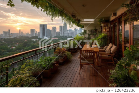 Sunset City View from a Lush Balcony Terrace Sunset City View from a Lush Balcony Terrace 126422236