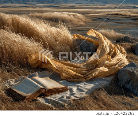 Golden Fabric and Ancient Book in a Desert Landscape Golden Fabric and Ancient Book in a Desert Landscape 126422268