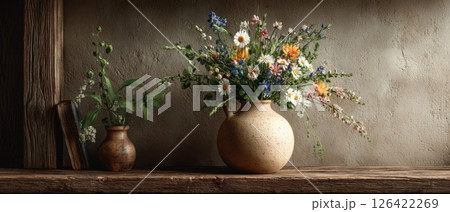 Rustic Still Life with Wildflower Bouquet in Earthenware Vase Rustic Still Life with Wildflower Bouquet in Earthenware Vase 126422269