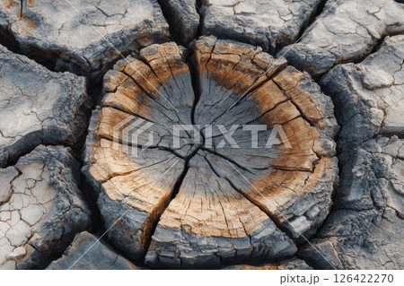 Cracked Wooden Stump in Dry, Cracked Earth 126422270