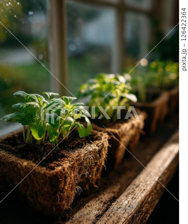 Green Seedlings in Coir Pots on Wooden Windowsill Green Seedlings in Coir Pots on Wooden Windowsill 126422364