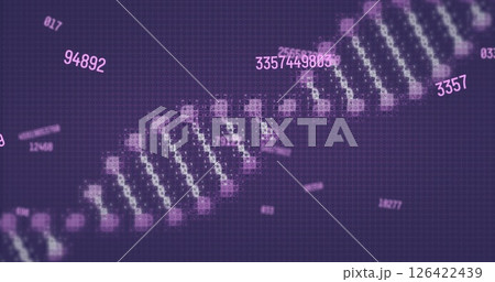 Image of digital data processing and dna strand on dark background Image of digital data processing and dna strand on dark background 126422439