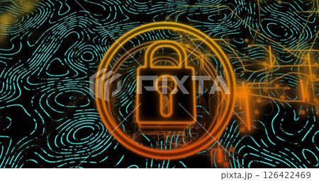 Lock and key symbol image over digital fingerprint patterns Lock and key symbol image over digital fingerprint patterns 126422469