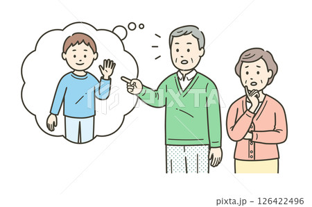 幻視で子供の姿を見るレビー小体型認知症の高齢男性とそれに戸惑う高齢女性 幻視で子供の姿を見るレビー小体型認知症の高齢男性とそれに戸惑う高齢女性 126422496