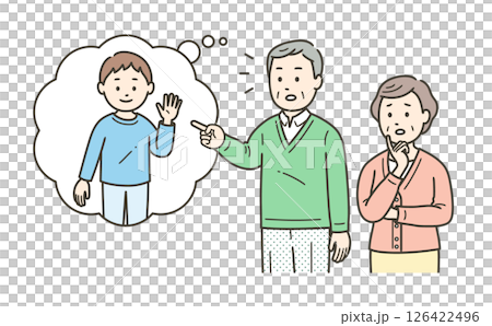 幻視で子供の姿を見るレビー小体型認知症の高齢男性とそれに戸惑う高齢女性 幻視で子供の姿を見るレビー小体型認知症の高齢男性とそれに戸惑う高齢女性 126422496