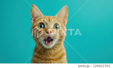Ginger cat with wide eyes and open mouth showing surprise, shock or excitement Ginger cat with wide eyes and open mouth showing surprise, shock or excitement 126422701