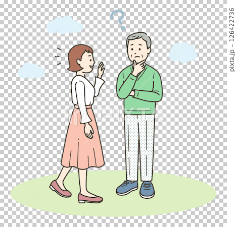 Illustration of an elderly man who is greeted by a young woman but forgets who it is 126422736