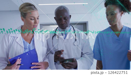 Image of data processing and diagrams over diverse doctors talking Image of data processing and diagrams over diverse doctors talking 126422751