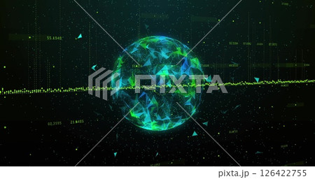 Digital globe with geometric shapes and data points, futuristic technology image 126422755