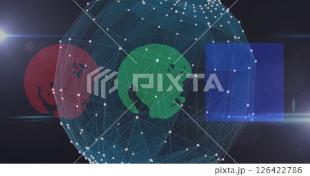 Network of connections and data processing image over globe icons 126422786