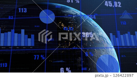 Global statistics and data visualization image over rotating Earth Global statistics and data visualization image over rotating Earth 126422897