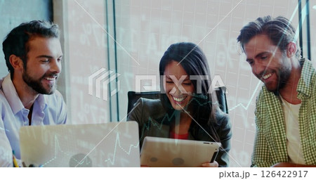 Financial data processing image over diverse business people in office Financial data processing image over diverse business people in office 126422917