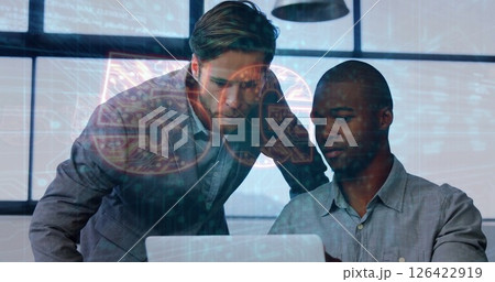 Business data analysis image over two men working on laptop in office Business data analysis image over two men working on laptop in office 126422919