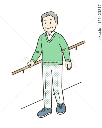 手すりを持ちながら笑顔で歩行訓練をする高齢男性のイラスト 126423217