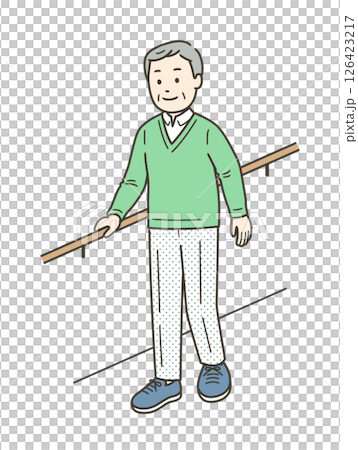 手すりを持ちながら笑顔で歩行訓練をする高齢男性のイラスト 126423217