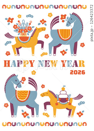 2026年 午年年賀状イラスト(馬の親子と華やかなお正月) 2026年 午年年賀状イラスト(馬の親子と華やかなお正月) 126423372