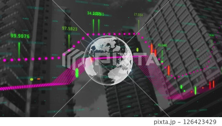 Image of globe and financial data processing over cityscape 126423429