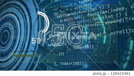 Image of scope scanning with 5g and data processing on blue background Image of scope scanning with 5g and data processing on blue background 126423461